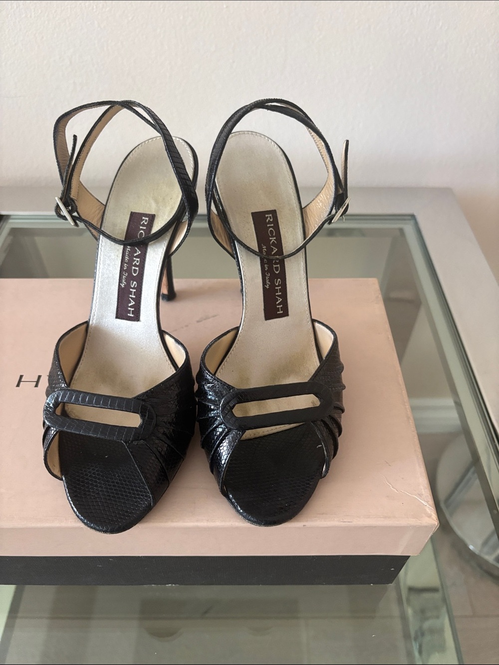 Black Leather Open-Toe Slingback Heels